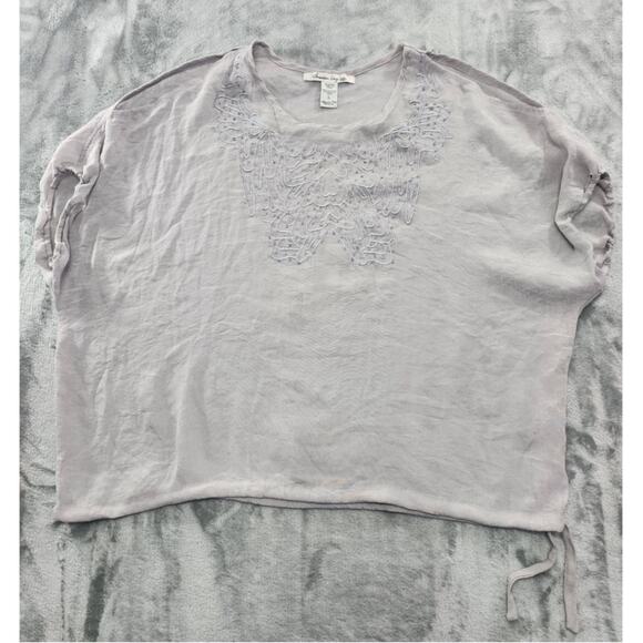 American Rag Top Womens L Gray Blue Beaded Embroidered Cold Shoulder Drawstring - Picture 1 of 9